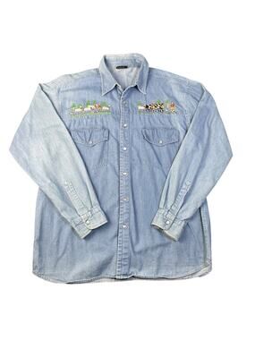 Vtg Women’s Lg. Pearl Snap Denim Embroidered Alpine Herder W/ Goats & Cows Shirt